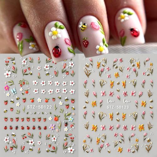 5D Summer Nail Stickers - Floral Bee & Ladybug Decals (3 Sheets)