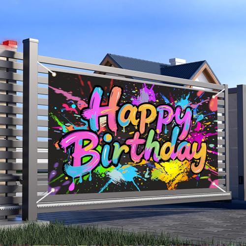 Neon Birthday Banner Backdrop - 72x43 Inch Glow in The Dark Decoration
