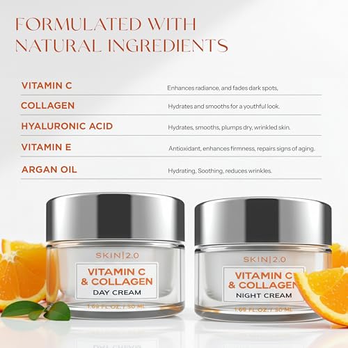 Skin 2.0 Vitamin C & Collagen Face Moisturizer Duo Pack - Anti-Aging Day & Night Cream for Radiant Skin
