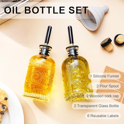 Oil Dispenser Set of 2 - 7 oz Glass Bottles with Metal Pourers