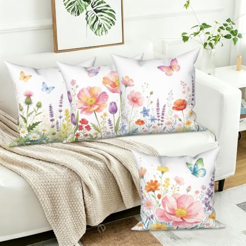 Colorful Butterfly Floral Velvet Pillow Covers, 18x18, 4-Pack