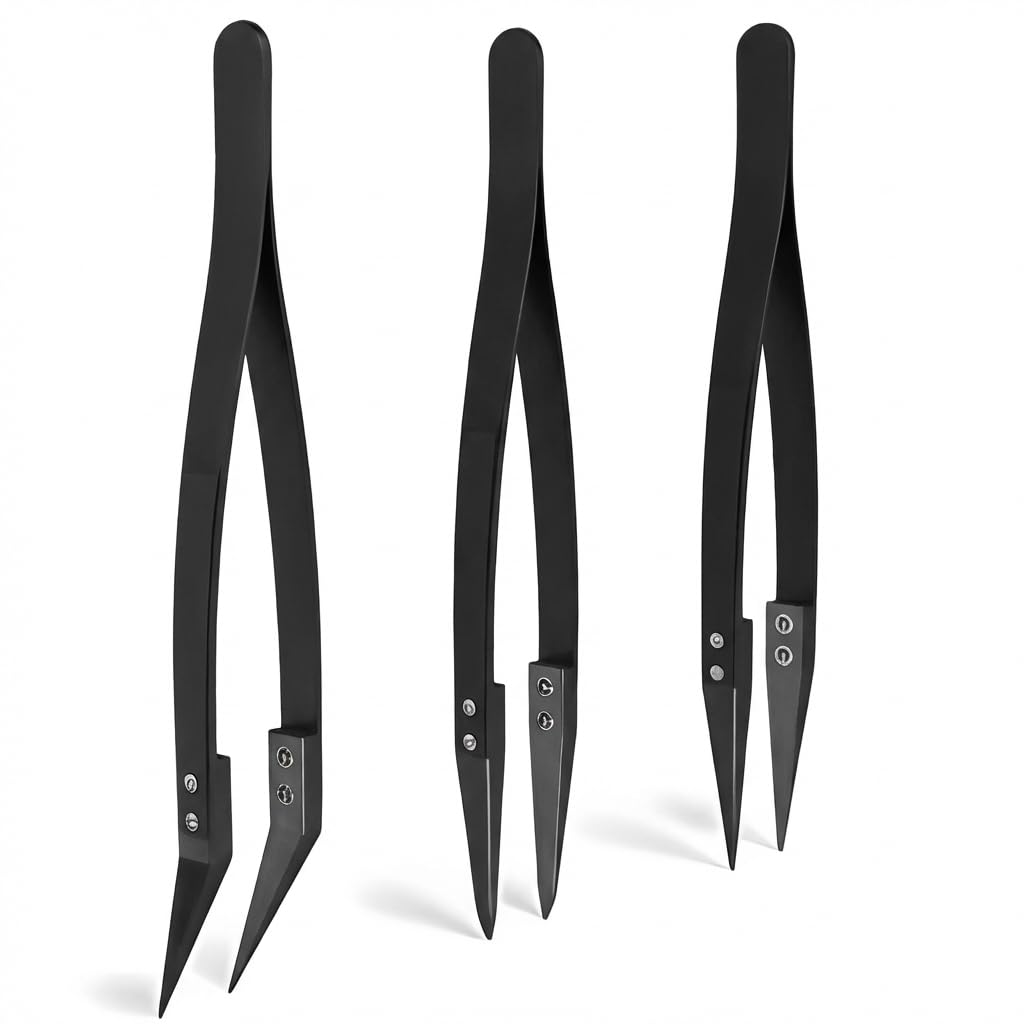 Black Ceramic Tweezers Set - Antistatic, Anticorrosion, Antimagnetic, Highly Heat Resistant up to 3000F (3 Pack) - Stainless Steel Handle - Zirconia Tips