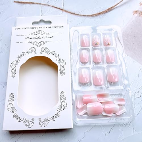 24-Piece Pink Gradient French Tip Press-On Nails with Charms, Short Square