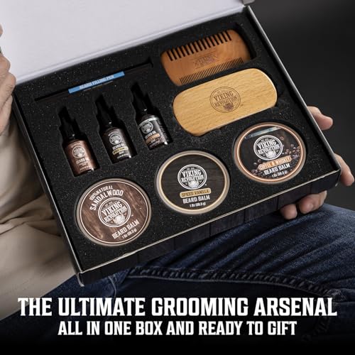 Viking Revolution Ultimate Beard Care Collection - Gifts for Men Includes Oil, Balm, Brush, Comb and Pen - Beard Kit for Men with Sandalwood, Spiced Vanilla, Coffee Whiskey, Sweet Tobacco