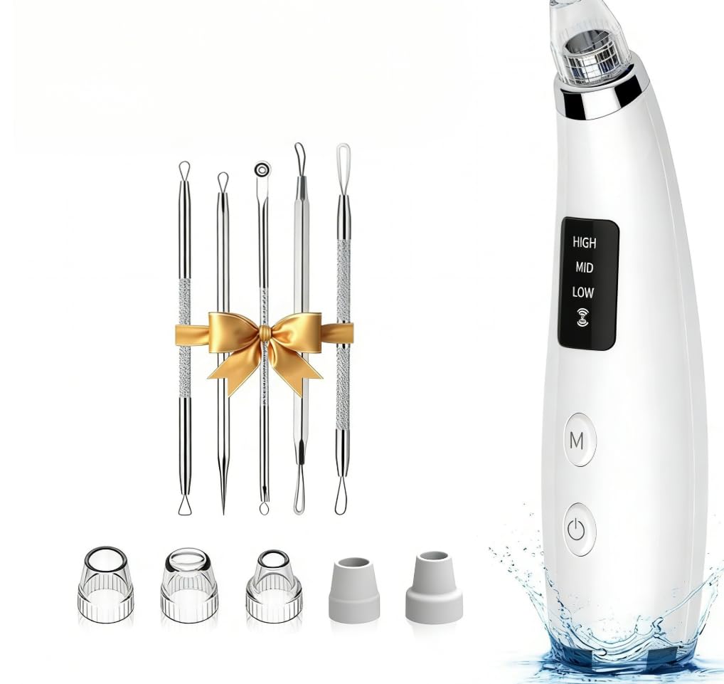 Rechargeable Blackhead Vacuum Pore Cleaner - 5 Attachments & 3 Suction Levels for Deep Facial Cleansing, USB-Powered Blackhead Remover for Women and Men (Silver White)