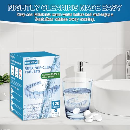 HIHWEM Retainer & Denture Cleaner Tablets - 120 Count, Non-Abrasive Soak