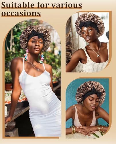 Black Leopard Large Satin Bonnet for Women - Extra Large Sleep Hair Wrap, Adjustable Tie