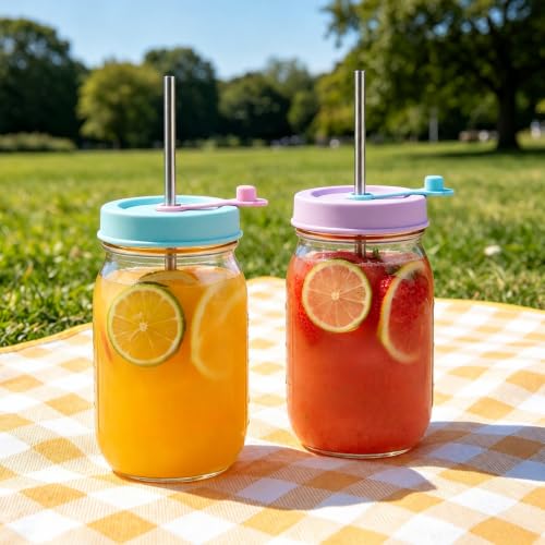 4-Pack Silicone Mason Jar Lids with Stainless Steel Straws - Leak-Proof & Dishwasher Safe