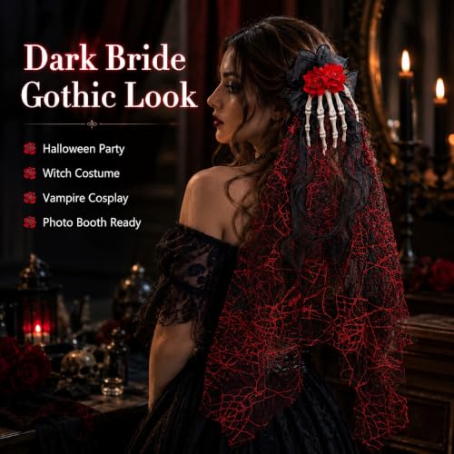 Gothic Skeleton Hand Hair Clip with Rose Veil - 25.2 in