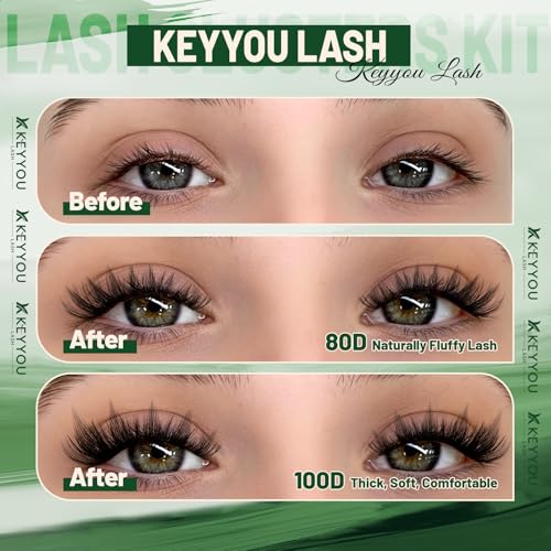 KEYYOU 80D 100D Spiky Manga Lash Clusters Kit - Fluffy DIY Eyelash Extensions with Bond & Seal