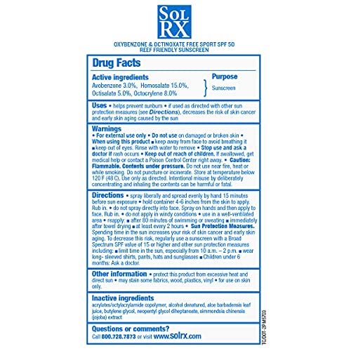 SolRX SPORT SPF 50 Sunscreen Spray 6oz - Reef Friendly, Water & Sweat Resistant, Face & Body