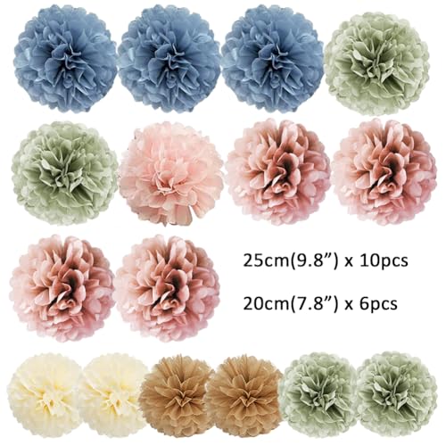 16pcs Retro Boho Tissue Paper Pom Poms - Dusty Rose, Blue, Sage Green
