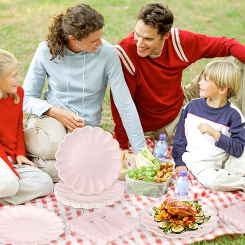 75 Pcs Pink Paper Plates & Napkins Set for 25 Guests - Scalloped Design