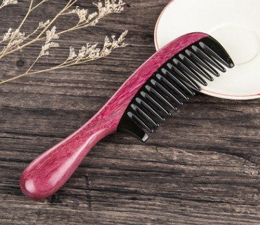 Myhsmooth Handmade Black Buffalo Horn Comb with Violetwood Handle, Wide Tooth, No Static, 7inch