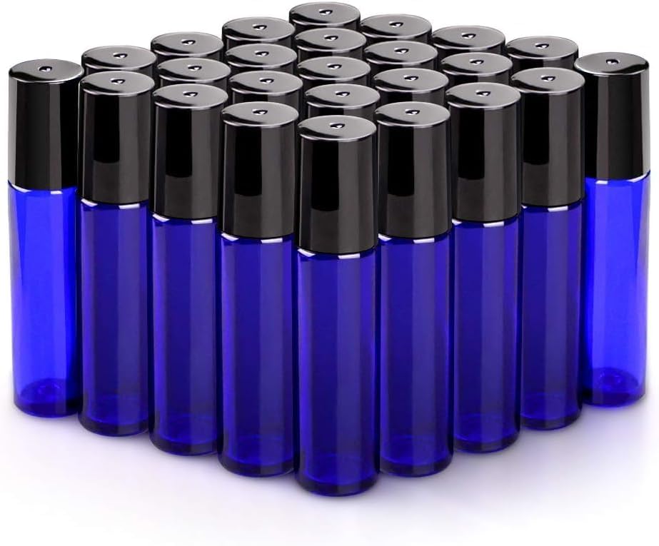 Essential Oil Roller Bottles - 4 Pack 10ml Amber Glass with Stainless Steel Caps | Travel Perfume & Lip Gloss
