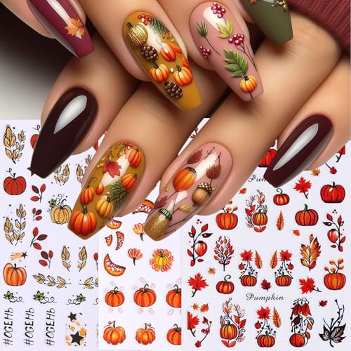 Quezadyl Falling Leaf Autumn Nail Stickers 8 Sheets Thanksgiving Pumpkin Decals