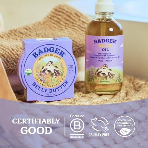 Badger Belly Butter, Organic Stretch Mark Cream for Pregnant Belly, Rich Hypoallergenic Moisturizing Organic Cocoa Butter & Coconut Body Butter for Women, 2 oz Tin