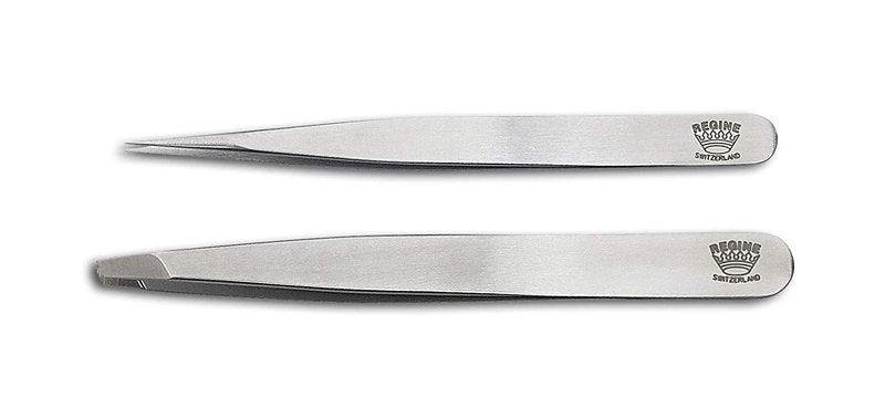Regine Switzerland Slant & Splinter Tweezer Set - Precision Point & Slant Tweezers for Eyebrow, Ingrown Hair & Splinter Removal - Fine Tip for Women & Men - Silver Stainless Steel 2pcs