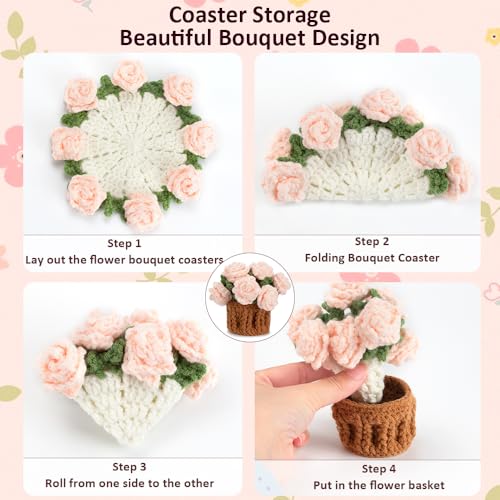Handmade Crochet Pink Rose Coasters - Decorative Flower Design