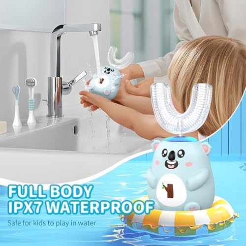 Kids Electric Toothbrush - U-Shaped Sonic Cleaning, 6 Modes, 4 Heads, Cute Koala Design (2-6 Age, Grey Blue)