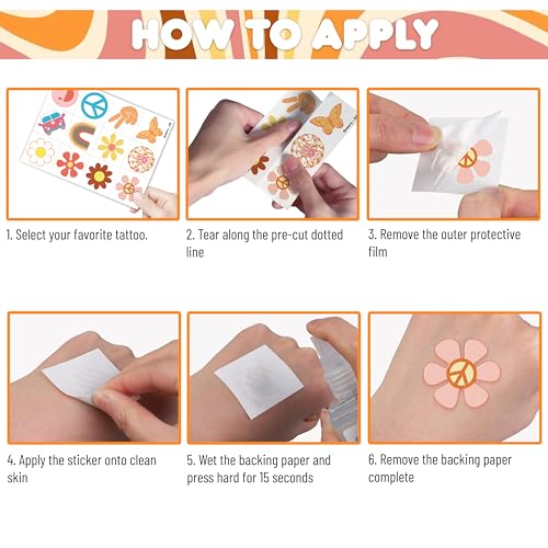 60 Pre-Cut Retro Temporary Tattoos for Kids - Groovy Hippie Theme