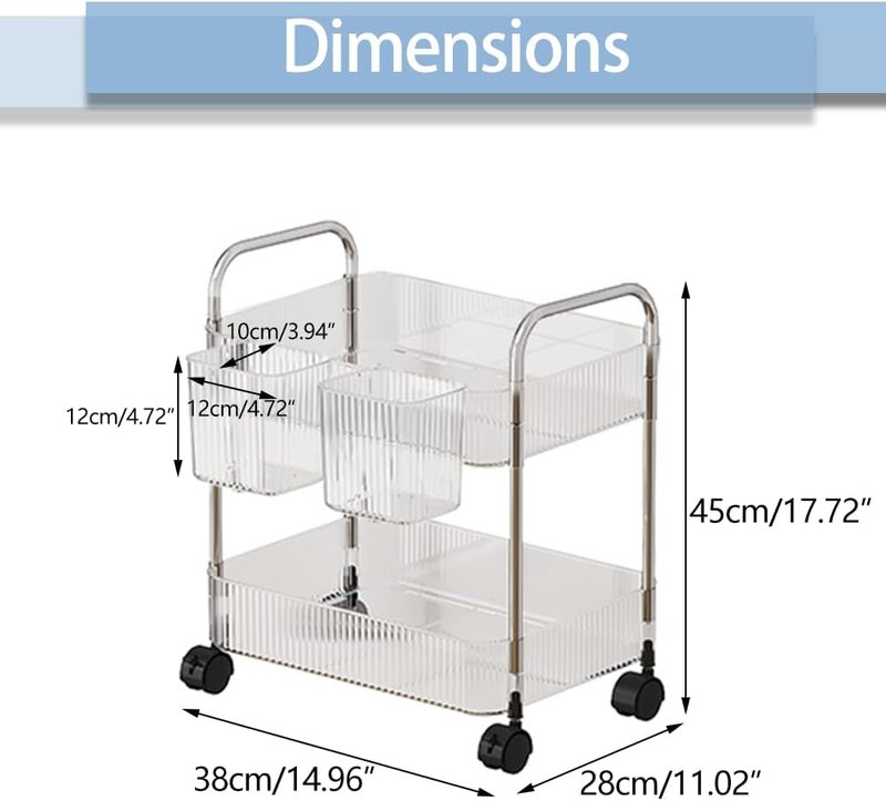 Utility Rolling Cart - 2-Tier Storage Organizer with Wheels | Mobile Trolley for Home, Office, Kitchen - Transparent