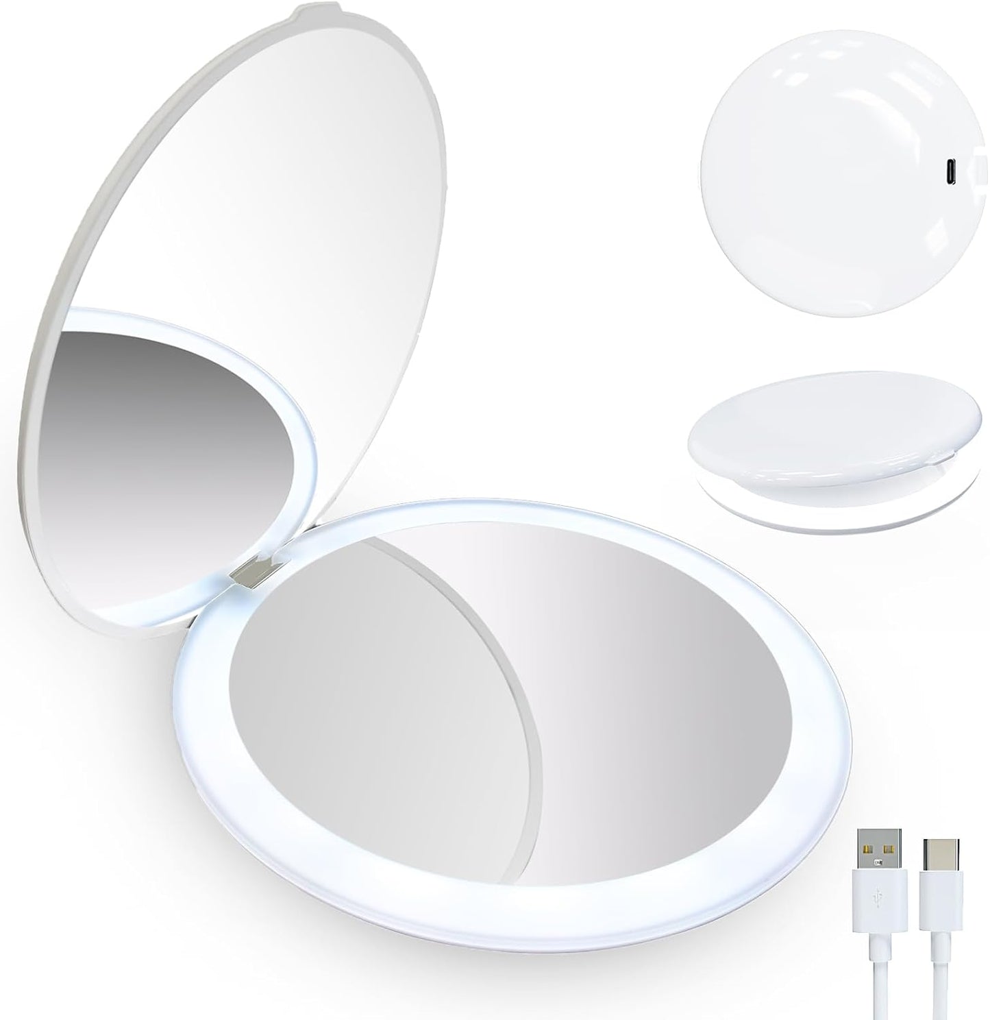 Lighted Travel Mirror - Adjustable Brightness, 1X/10X Magnification | Mini Dimmable Design for Handbag & Pocket (Black)