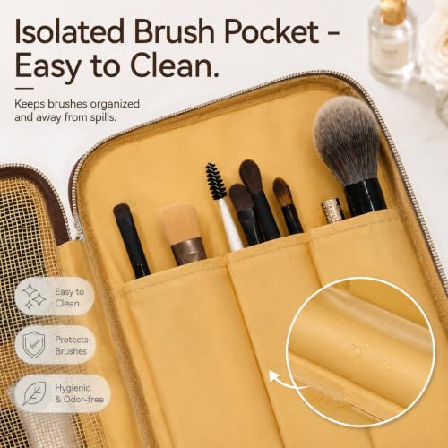 KUOSHI Brown Travel Makeup Bag - Large Waterproof Cosmetic Organizer with Dividers