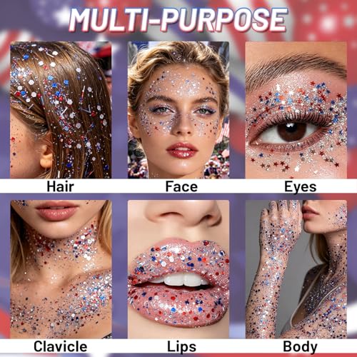 CAHOTO Flag Star Glitter Gel - Red White Blue Star Face Body Hair Makeup