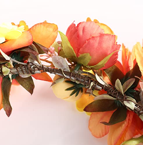 Orange Floral Crown Bridal Headband - Adjustable Boho Flower Wreath