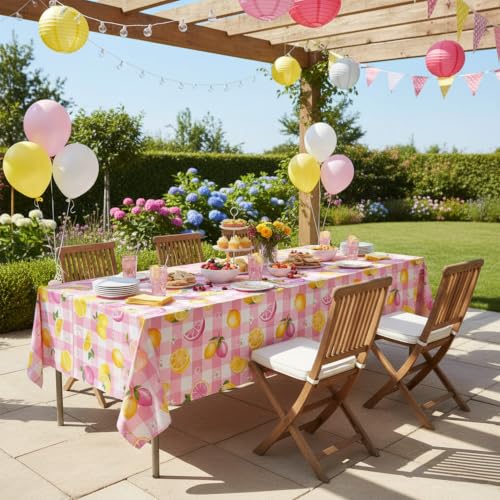 2-Pack Pink Plaid Lemon Tablecloths | Waterproof Floral Print