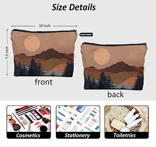 Boho Mountain Sun Linen Cosmetic Bag - 10x7.5 Inch Travel Toiletry Pouch