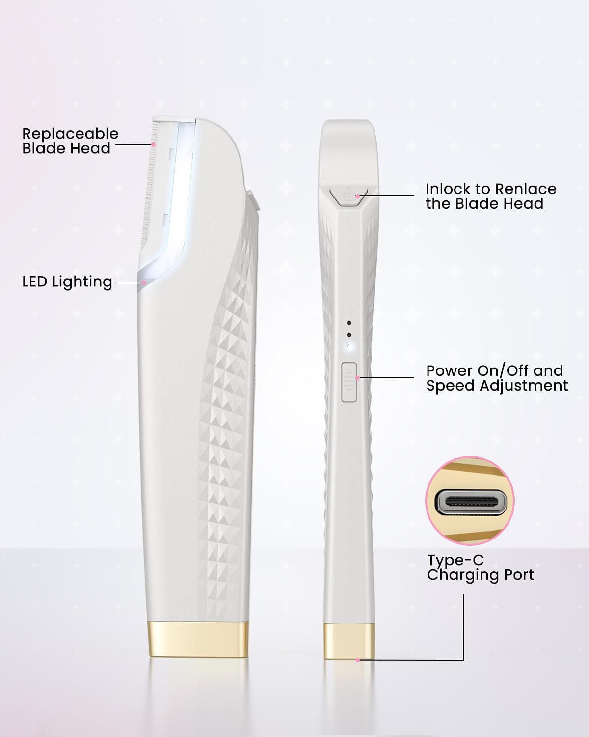 Dermaplane Razor for Women - Adjustable Facial Hair Removal Tool with LED Light | Rechargeable, 8 Replacement Blades, White