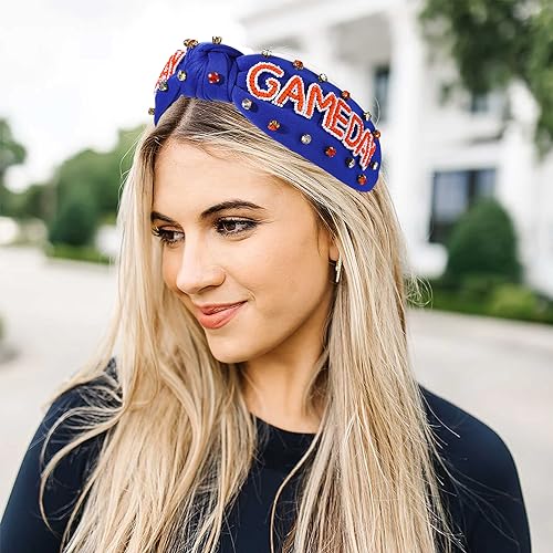 YAHPERN Blue Game Day Headband for Women - Crystal Pearl Knotted Sports Hair Accessory