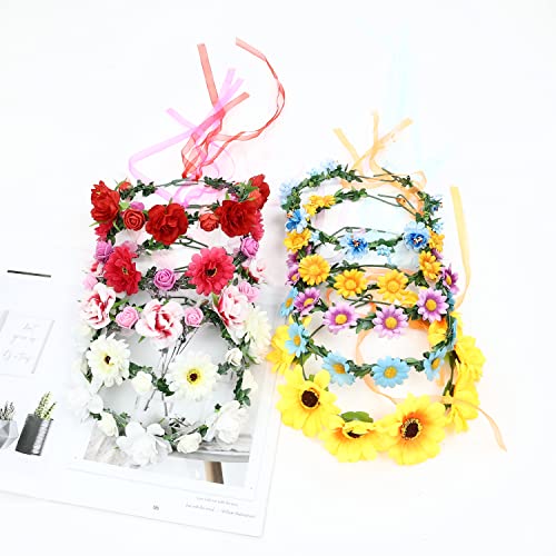 Lawie Boho Sunflower Daisy Flower Crown with Ribbon - Bridal Hair Wreath for Women