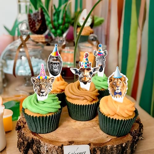 48 Funny Safari Zoo Animal Cupcake Toppers - Jungle Party Decor