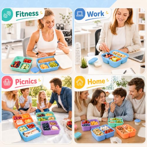 Reusable 3-Compartment Bento Box Lunch Containers - 4 Pack