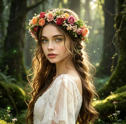 Vivivalue Floral Crown Headband for Women - Pink Boho Hair Wreath | Adjustable with Ribbon - Ideal for Weddings, Parties, and Costumes