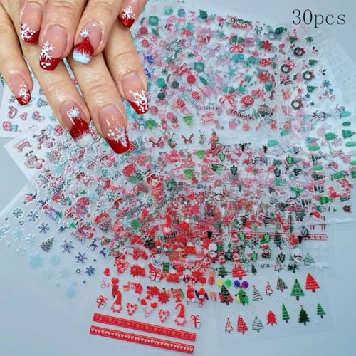 KZBTRBT Colorful Glitter Christmas Nail Art Stickers 3D Snowflake Santa Reindeer Cute Decals - 33