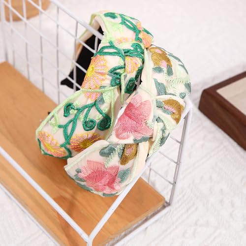 TURTLEDOVE Green Floral Embroidered Headband - Knotted Wide Hair Accessory