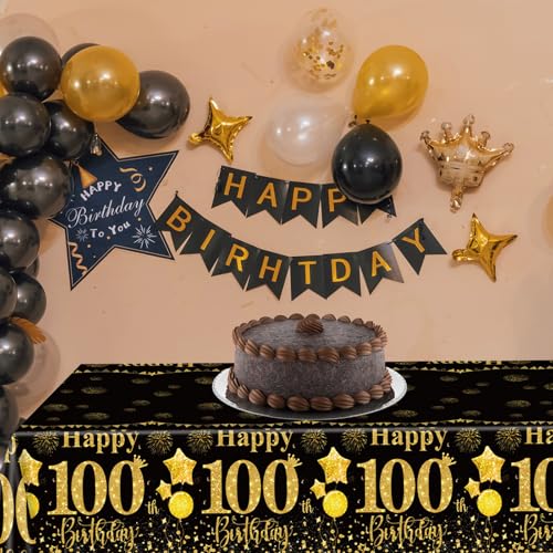 100th Birthday Tablecloth Set - 3 Black & Gold Covers for Party