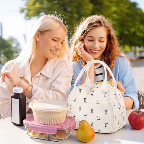 Dansydaisy Black Bow Insulated Lunch Bag - Cute Corduroy Tote