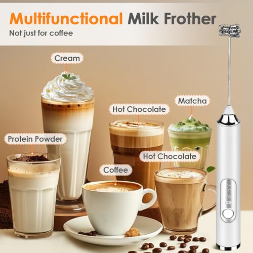 Rechargeable Handheld Milk Frother with 2 Whisks - 3 Speed Electric Mixer for Lattes & Matcha