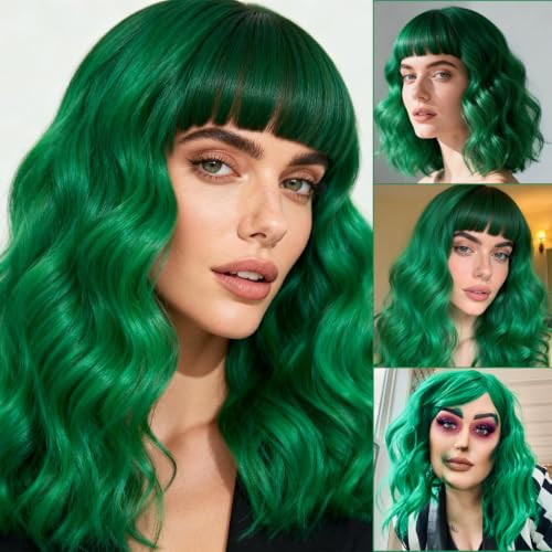 Juziviee Short Green Wavy Bob Wig with Bangs for Cosplay and Parties