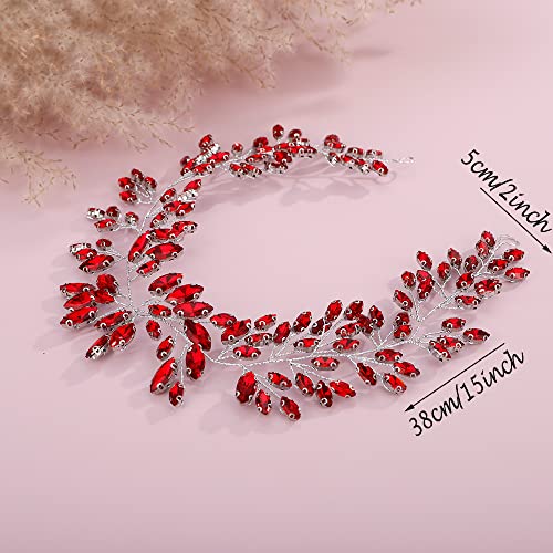 JWICOS Red Silver Bridal Headband Hair Vine for Weddings