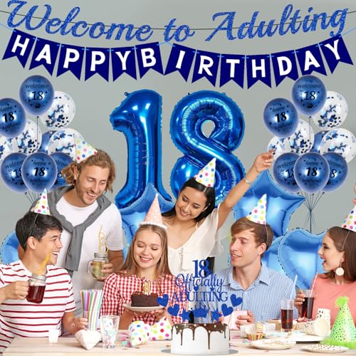 Blue Happy 18th Birthday Decorations Kit - 31 Pcs Balloons & Banner