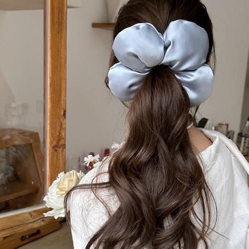 3-Pack Large Flower Satin Hair Scrunchies for Women - Soft Silk Hair Ties in Blue, Pink, Beige
