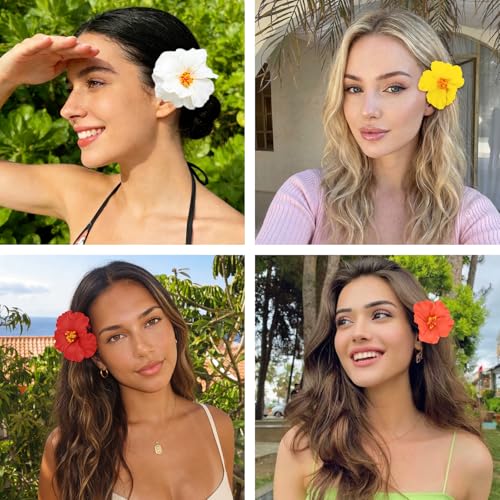 Hibiscus Hawaiian Flower Hair Clips for Women - Boho Beach Accessories, 6 Pack