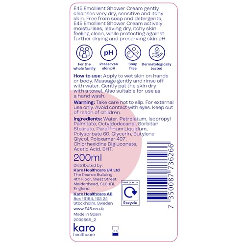 E45 Emollient Shower Cream - Sensitive Skin Body Wash, 6.8 fl oz (Pack of 1)