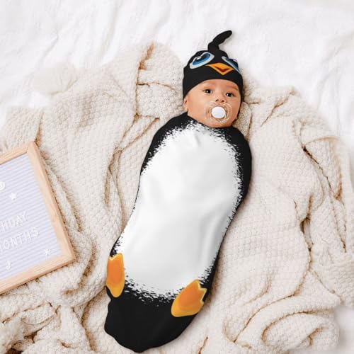 Funny Cartoon Swaddle Blanket and Beanie Hat Set for Newborns